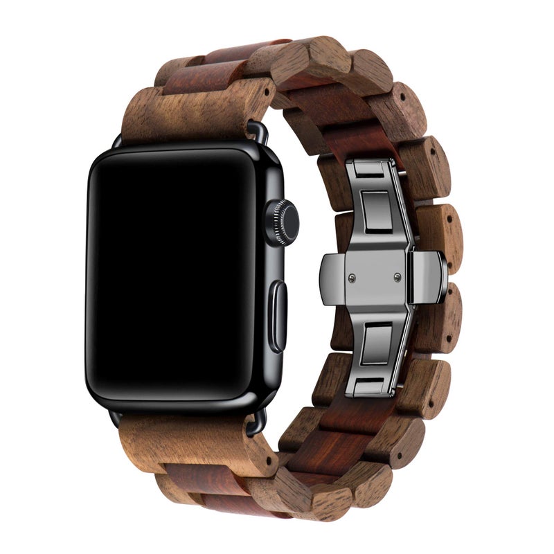 Kinobo Wooden Watch Band Compatible with Apple Watch,Natural Hardwood Watch Strap Thickened Wrist Bracelet for iWatch Series 8,7, 6, 5, 4, 3, 2, 1, Sport, Edition (Walnut + Sandal--42/44/45mm) - Image 1